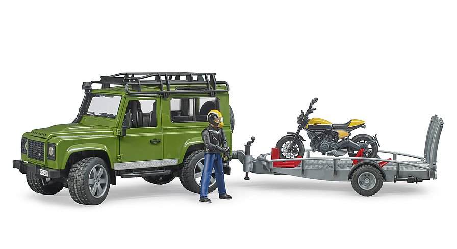 BRUDER LAND ROVER DEFENDER C/RIMORCHIO CON MOTO DUCATI SCRAMBLER FULL THORTTLE 2589