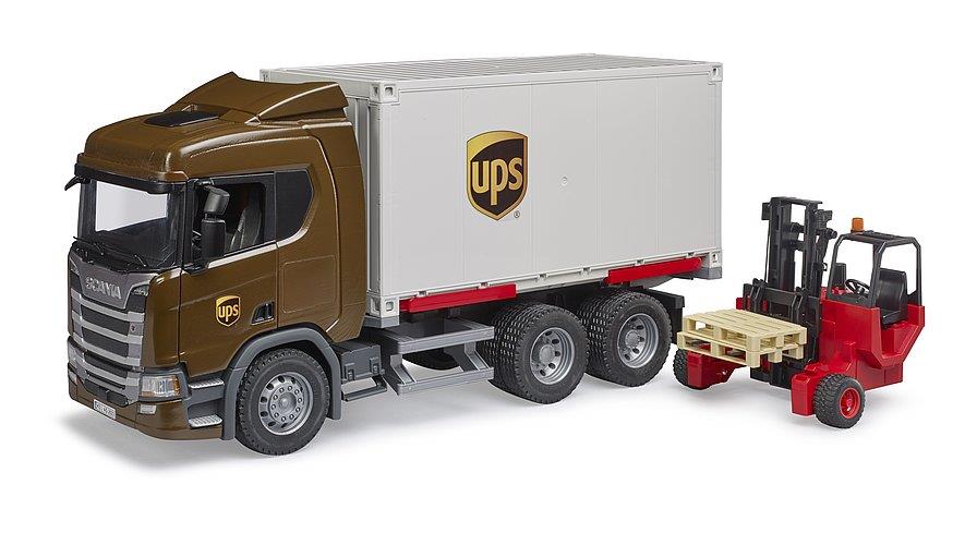 BRUDER SCANIA SUPER 560R CAMION LOGISTICO UPS CON CARRELLO ELEVATORE AUTOMONTATO 03582