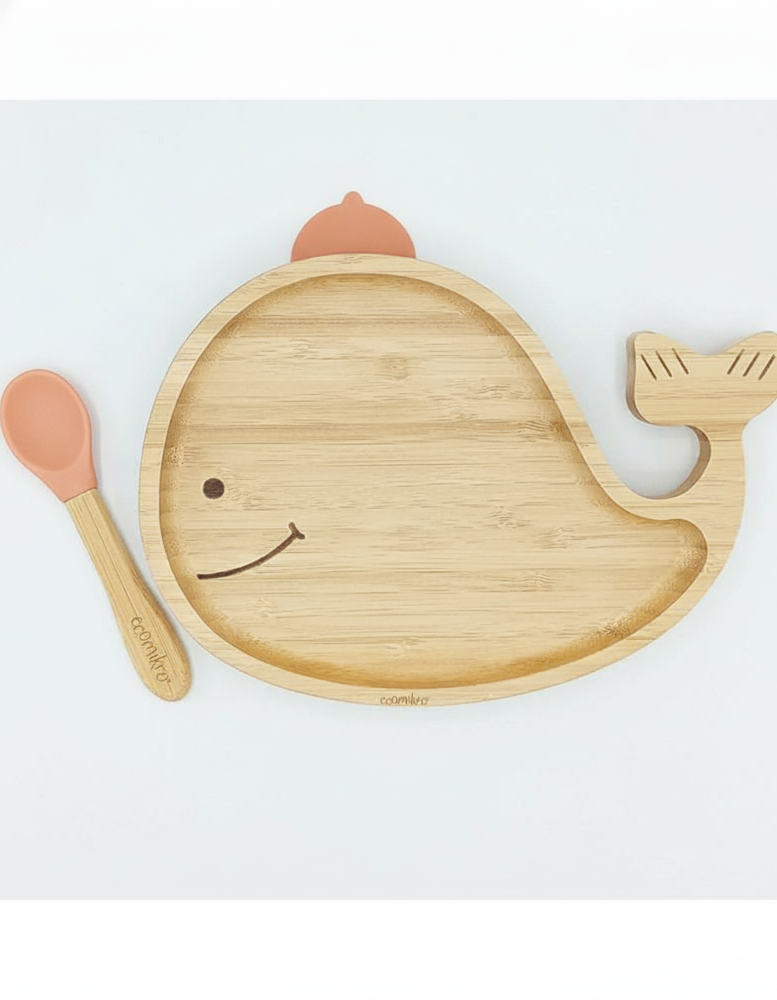 ECOMIKRO PIATTO BALENA IN BAMBÙ CON CUCCHIAO ARANCIO