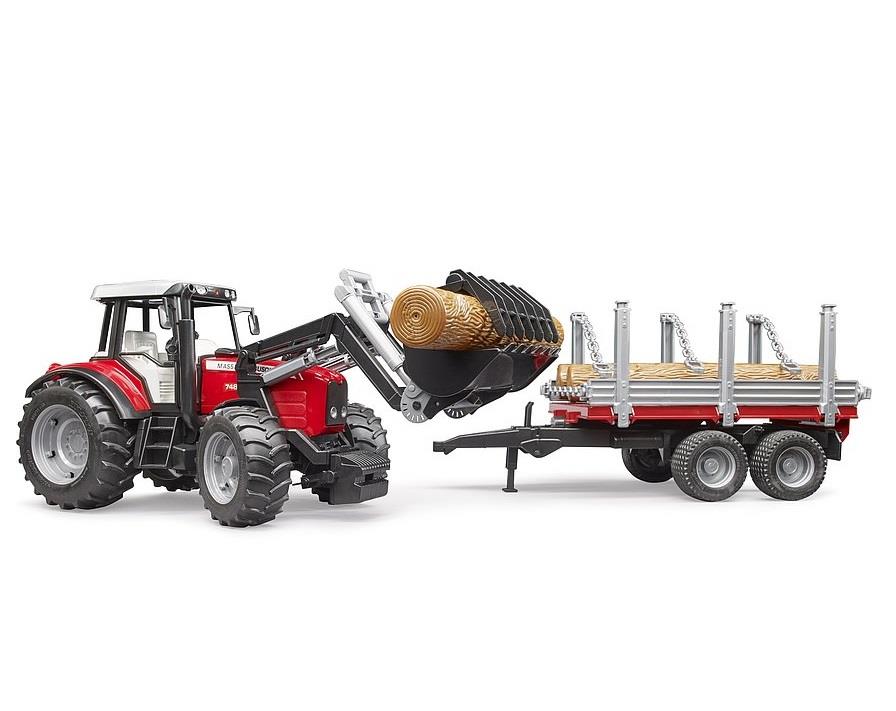 BRUDER TRATTORE MASSEY FERGUSON 7480 CON RIMORCHIO TRASPORTO TRONCHI 2046