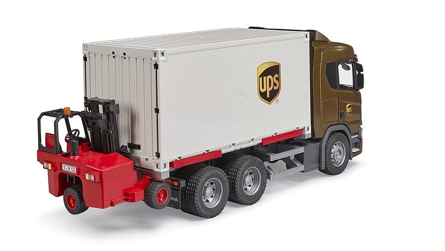 BRUDER SCANIA SUPER 560R CAMION LOGISTICO UPS CON CARRELLO ELEVATORE AUTOMONTATO 03582