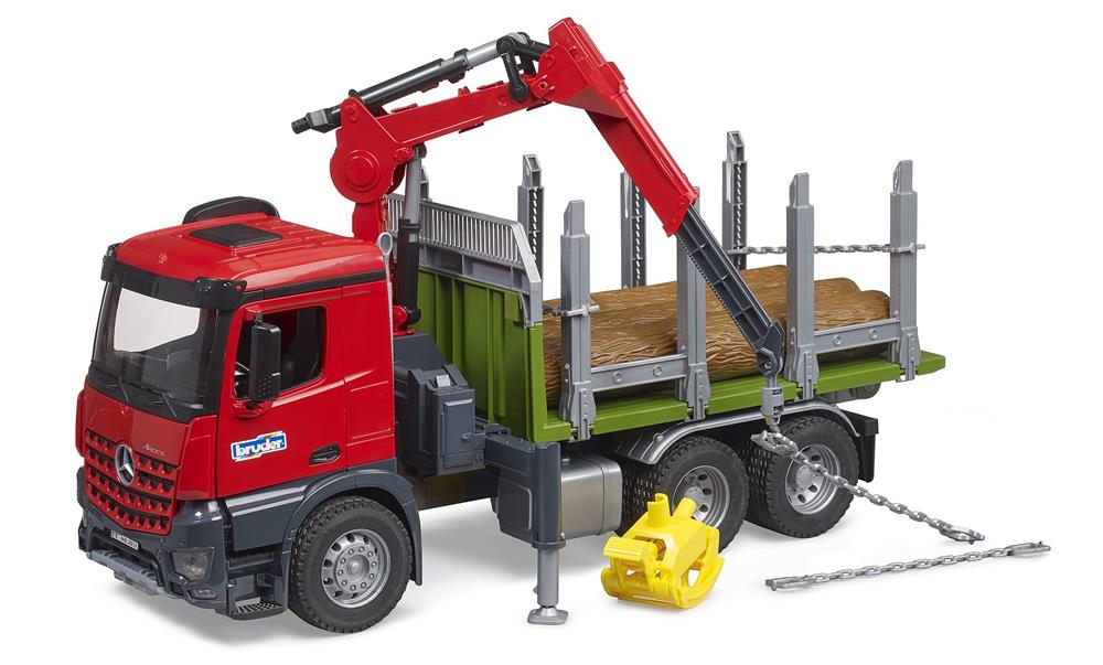 BRUDER CAMION TRASPORTO LEGNAME MB AROCS CON GRU DI CARICO, PINZA E 3 TRONCHI D'ALBERO 3669