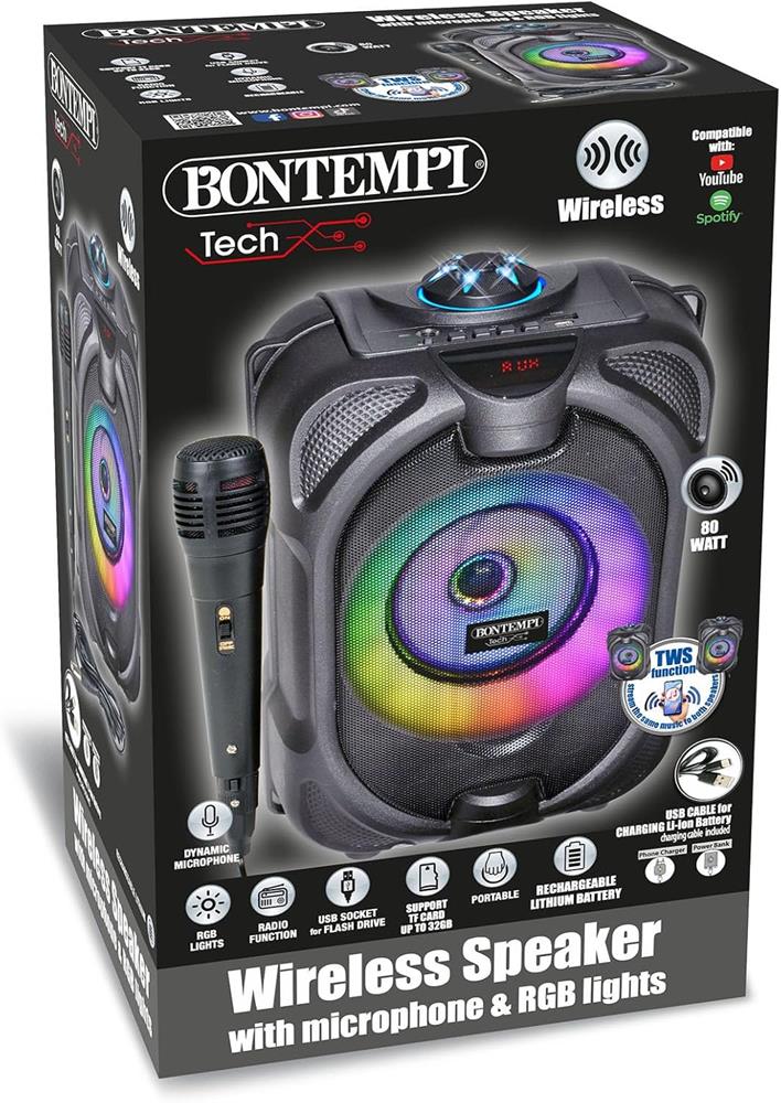 BONTEMPI CASSA ACUSTICA WIRELESS CON MICROFONO DINAMICO - LUCI RGB E FUNZIONE TWS E RADIO 49 1020