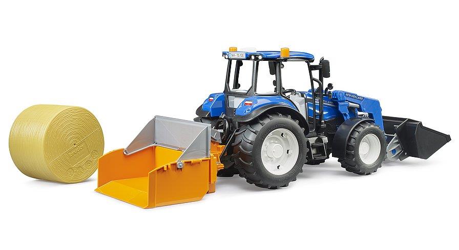 BRUDER TRATTORE NEW HOLLAND T5.120 CON CAR/FRONTALE - CASSONE - FORCHE E BALLE 02187