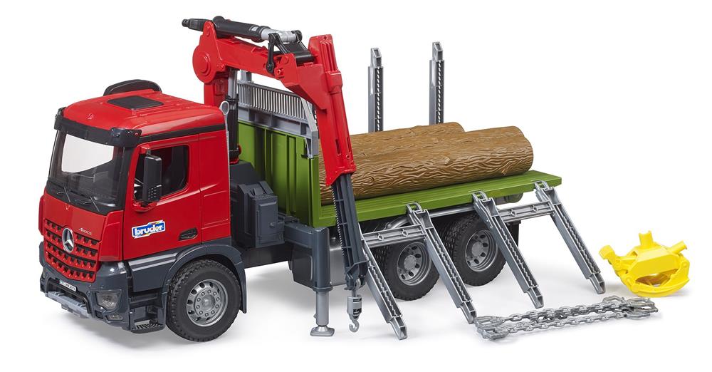 BRUDER CAMION TRASPORTO LEGNAME MB AROCS CON GRU DI CARICO, PINZA E 3 TRONCHI D'ALBERO 3669