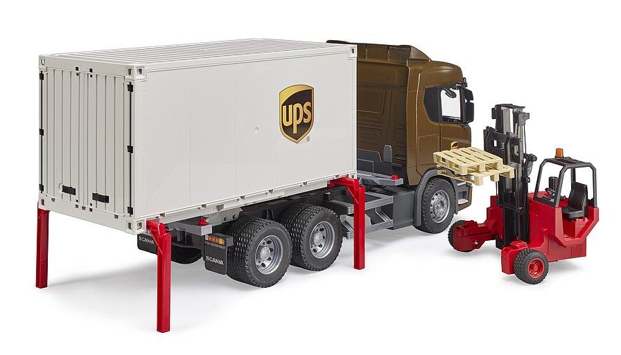 BRUDER SCANIA SUPER 560R CAMION LOGISTICO UPS CON CARRELLO ELEVATORE AUTOMONTATO 03582